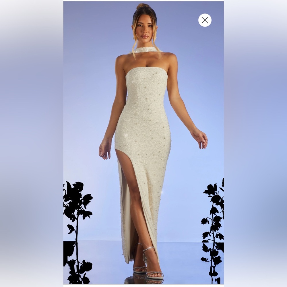 Oh Polly Cream Embellished Strapless Maxi Dress with High Slit